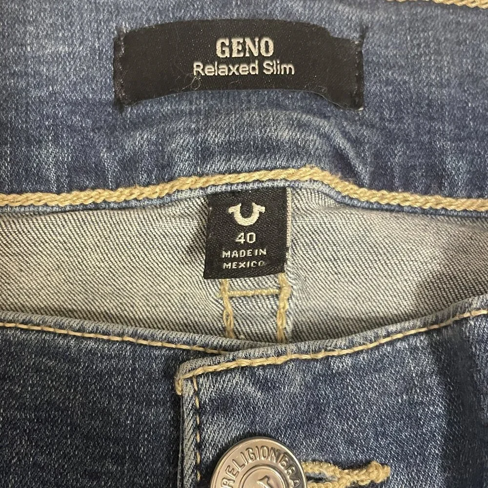 True Religion Jeans Mens 40 x 33 Blue Geno Relaxed Slim SN Flap Stretch 44223